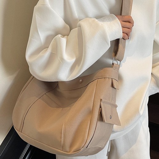 Fashionable American high-end style, versatile, niche solid color, popular single-shoulder tote bag, canvas, fashionable, large capacity, brown details Picture