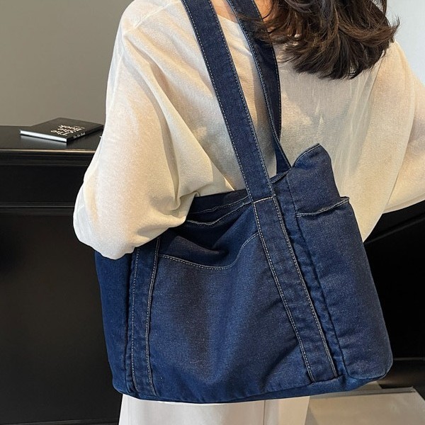 Korean-style denim bag, women's large-capacity, artistic, lightweight tote bag, student class bag, casual commuting single-shoulder bag full figure