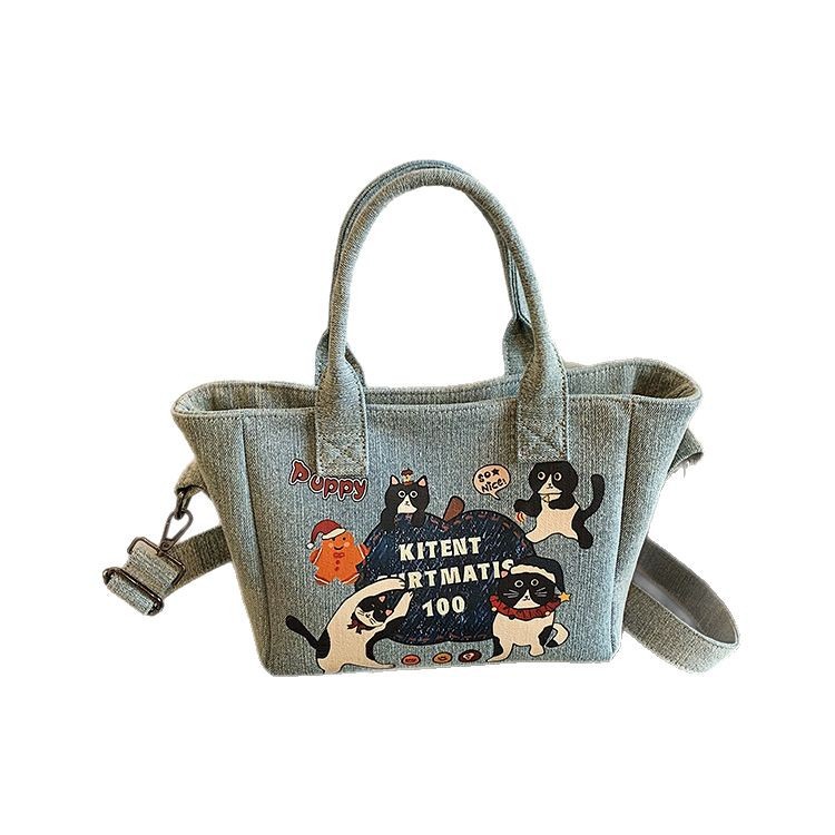 New Japanese-style dog tote bag, cute cartoon denim canvas handbag, student portable lunch box bag handbag Item Picture