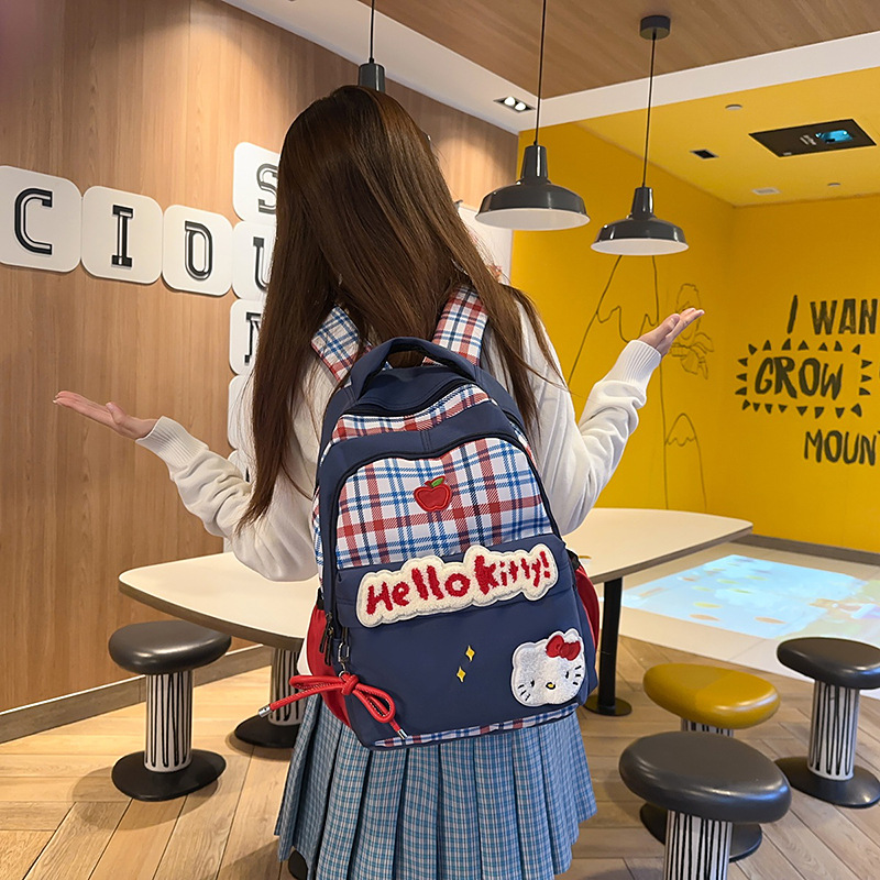 Retro checkered backpack, cute cartoon cat bag for female college students, casual large-capacity lightweight schoolbag wholesale Specification drawing