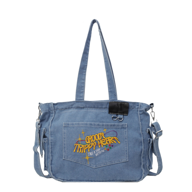 New vintage denim bag for Spring/Summer 2025, large-capacity commuter tote bag, letter-embroidered college student class shoulder bag Item Picture