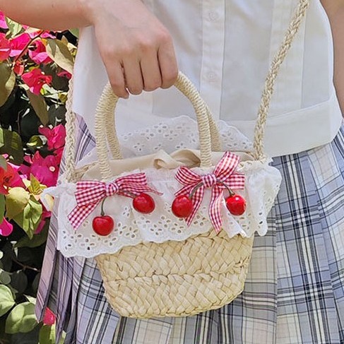 Summer's new straw-woven girl's bag, bow lace flower forest-themed vegetable basket, sweet family outing beach bag full figure