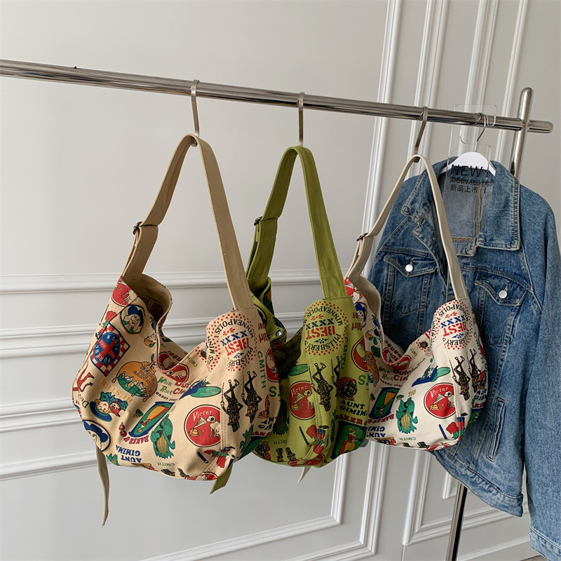 Artistic style casual crossbody bag, retro and personalized printed canvas bag for women, large-capacity tote bag for college students, women's bag Specification drawing