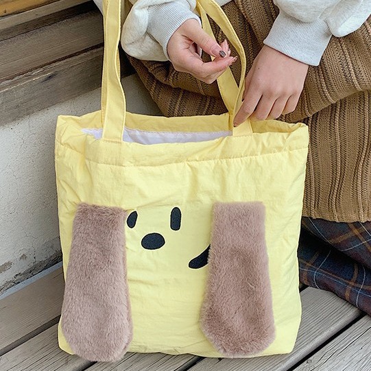 Cute cream-stuffed, fluffy, cotton-padded, large-capacity single-shoulder canvas bag, Tote, large-capacity casual design cartoon bag full figure