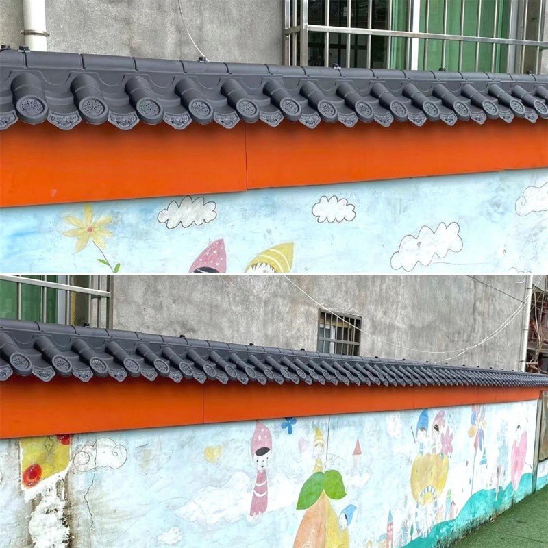 The 123478 wall tile cap is a double-sided integrated, dark red resin tile for the courtyard wall head. The tile cap is covered with tiles Application Scenario