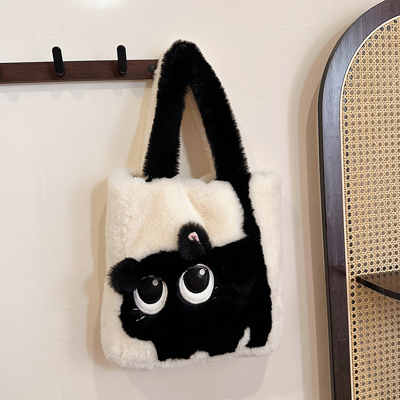 New cute cat tote bags, commuter plush bags, women's single-shoulder bags and girls' small crossbody bags for winter 2024 full figure