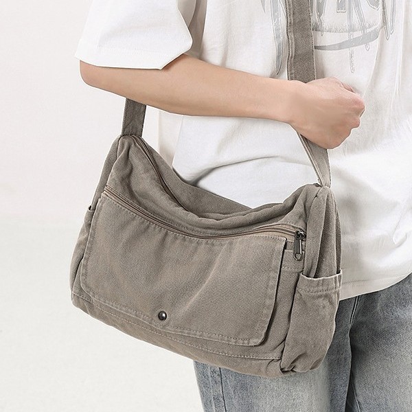 Japanese-style washed canvas bag, laid-back style, drape crossbody bag, women's artistic class bag, messenger bag, casual single-shoulder bag, men full figure