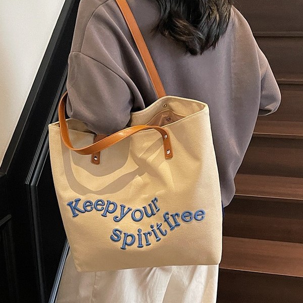 Canvas bag for women, 2025 new Korean version, large-capacity single-shoulder bag for work, embroidered letter tote bag for college students' classes Specification drawing