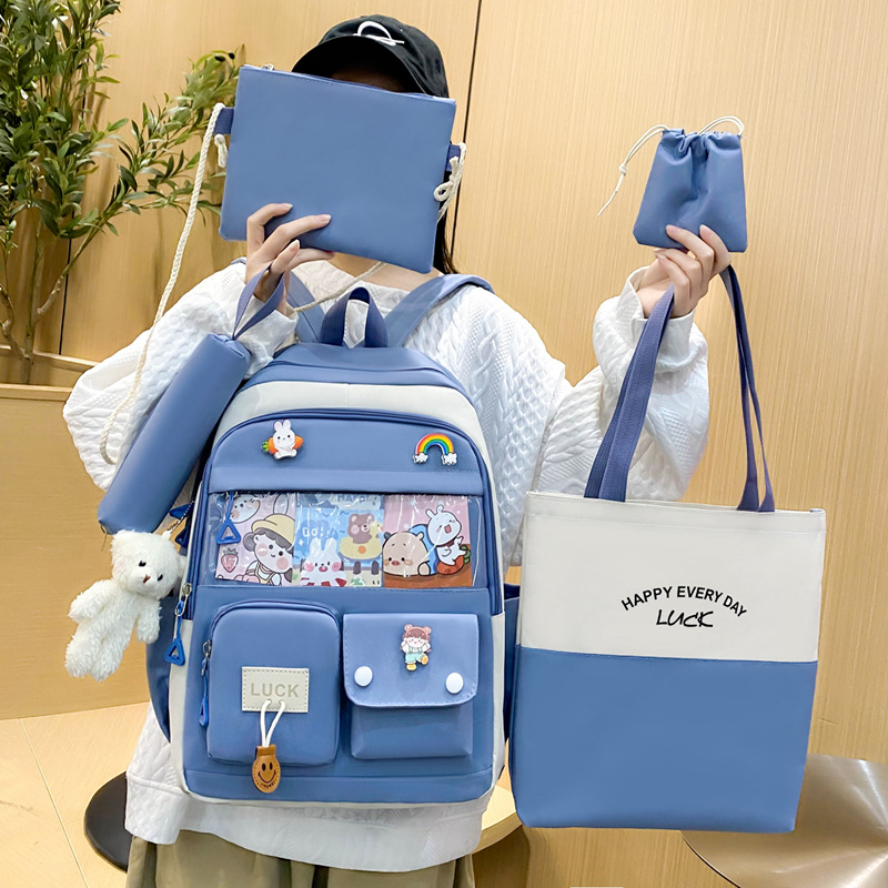 The manufacturer's new trendy five-piece schoolbag set for girls, a color-matched backpack for primary and secondary school students, a high-appearance-level, dirt-resistant backpack for cross-border use full figure