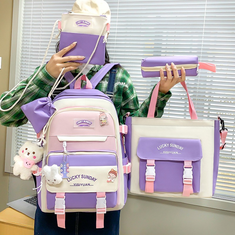 Five-piece schoolbag set, large-capacity backpack for junior high school and senior high school students, fashionable and simple color-blocking casual tutorial backpack for girls Specification drawing