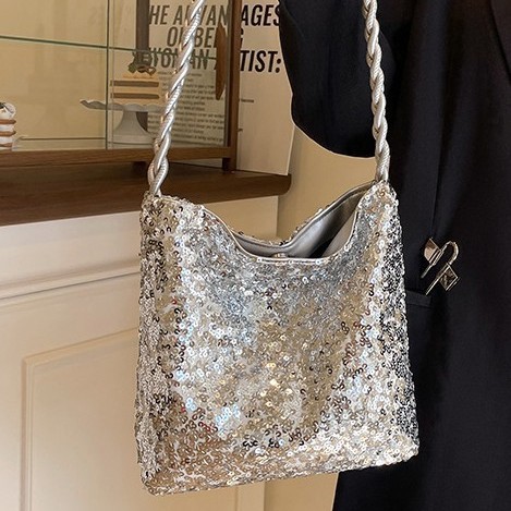2025 Spring New sequined bucket Bag for Dinner, fashionable single-shoulder underarm bucket bag, Korean-style women's bag full figure