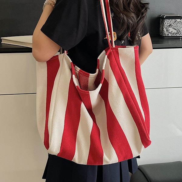 A new large-capacity Korean-style simple striped shopping bag, a fresh and artistic canvas bag, a versatile bag for women in spring and summer Specification drawing