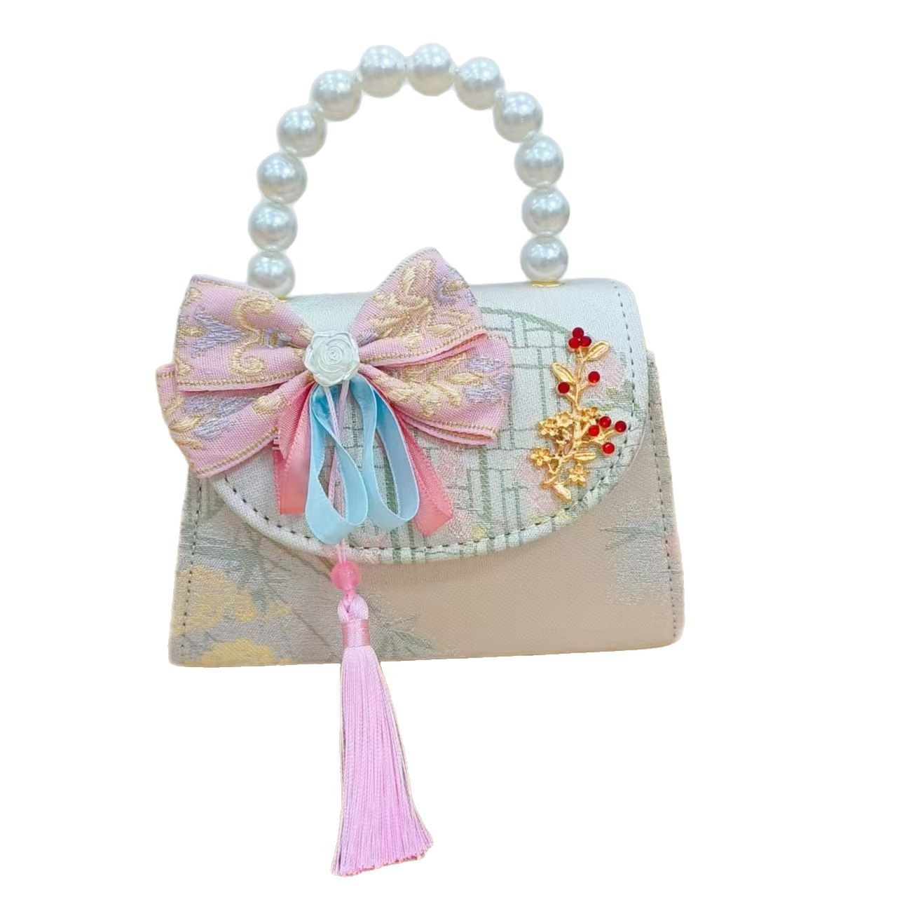 Children's chanel-style single-shoulder bag with a high-end and exquisite feel, little girl's ancient-style coin purse, princess pearl hand-held crossbody bag Item Picture