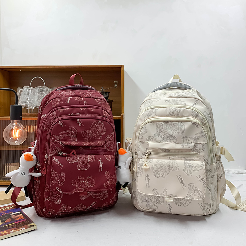 Cross-border schoolbag for junior high school girls, large-capacity backpack, Korean-style cute printed bear, versatile backpack for primary school students full figure