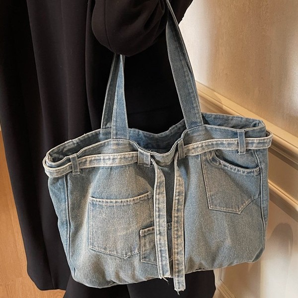 Single-shoulder bag washed double tote bag, casual design sense, shoulder bag with strap, ins fabric bag, versatile, trendy denim Specification drawing