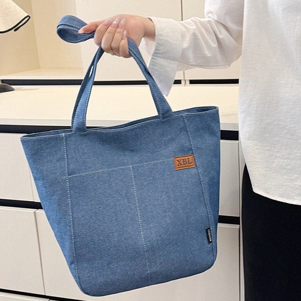 Korean version Japanese-style large-capacity canvas tote bag for girls, single-shoulder bag for girls' commuting to class, artistic style denim bag full figure