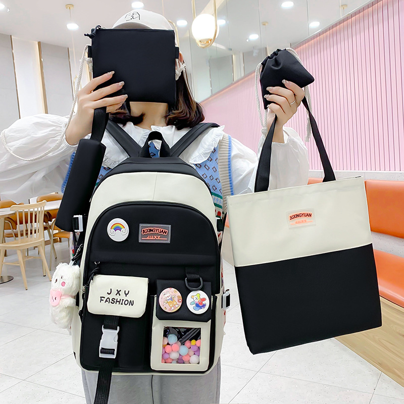 Five-piece set of Korean-style color-blocked and fresh school schoolbag, large-capacity nylon tutorial bag, backpack for primary and secondary school students, girls details Picture