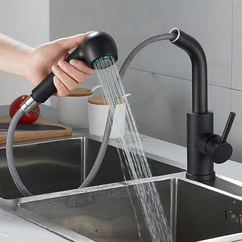 Pull-out faucet, kitchen cold and hot stainless steel sink, black universal faucet, bathroom manufacturer wholesale Specification drawing