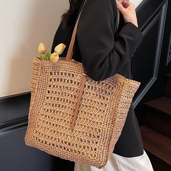 Artistic large-capacity single-shoulder cotton thread woven bag, 2025 new style hollowed-out commuter tote bag, beach vacation bag Specification drawing