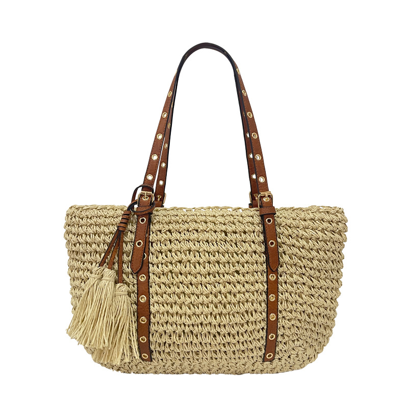 Solid-color, simple hand-woven bag, paper rope, tassel, crochet and sparkling single-shoulder bag, casual, fashionable, business and commuting women's bag Item Picture