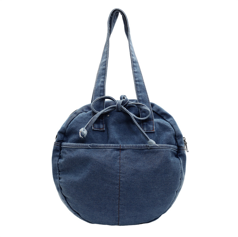 New washed denim single-shoulder bag for casual outings, large capacity, fresh small round bag, lace-up handbag, women's bag Item Picture