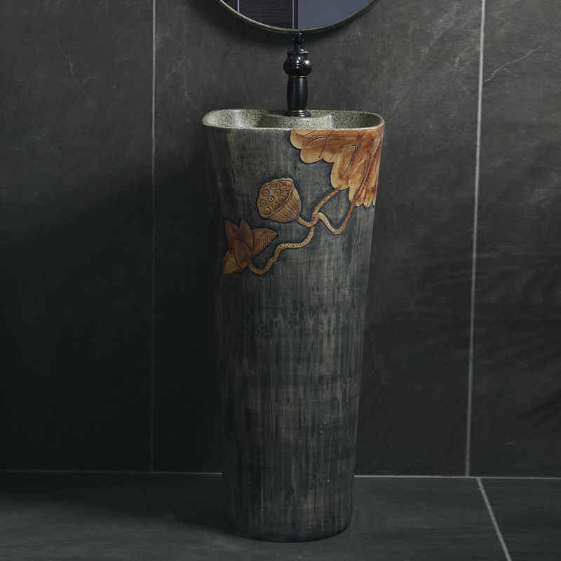 Ceramic one-piece floor-standing column washbasin, retro art, homestay household washbasin, balcony sink column basin full figure