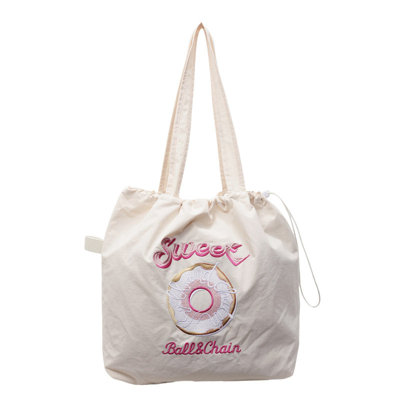 Japanese-style donut embroidery nylon shopping bag, simple and versatile for commuting, large-capacity single-shoulder bag, trendy and lightweight casual bag Item Picture