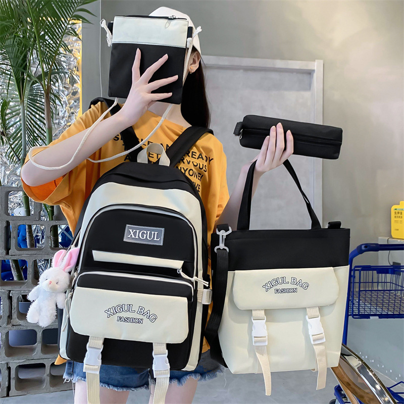 A large-capacity schoolbag for junior and senior high school students, a fashionable color-blocking Korean-style backpack with high appearance standards, a four-piece set of girls' tutorial bags Application Scenario