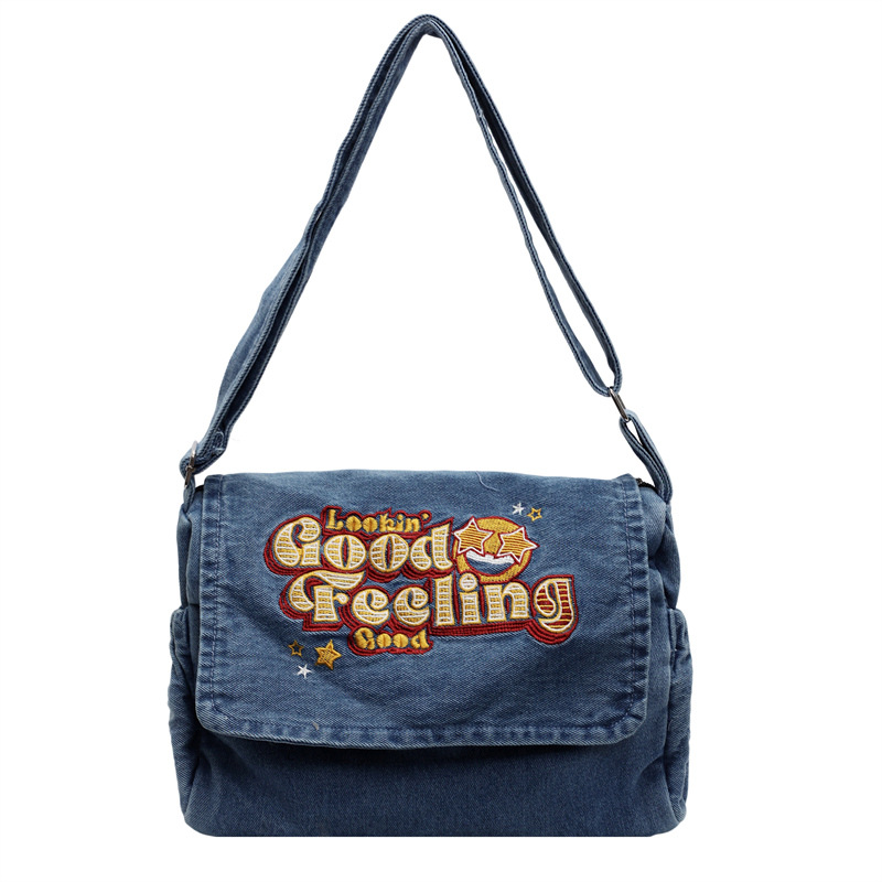 New cartoon large-capacity Japanese-style single-shoulder bag, casual and soft denim messenger bag, niche embroidery versatile crossbody bag Item Picture