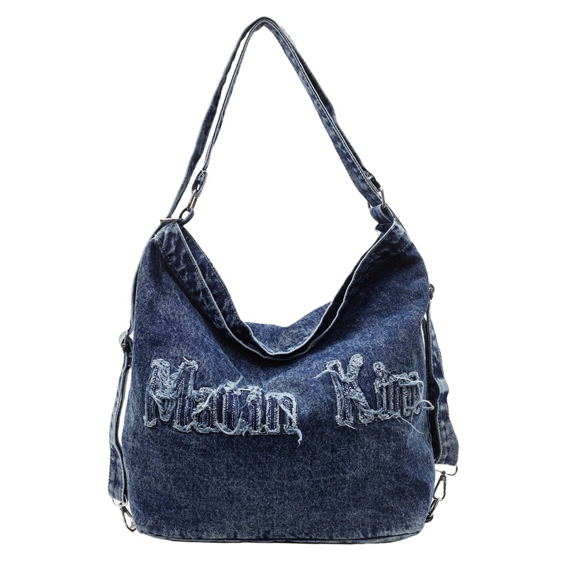 2025 New style pure beige retro fringed washed embroidered letter denim backpack, large capacity ins single-shoulder bag for women Item Picture