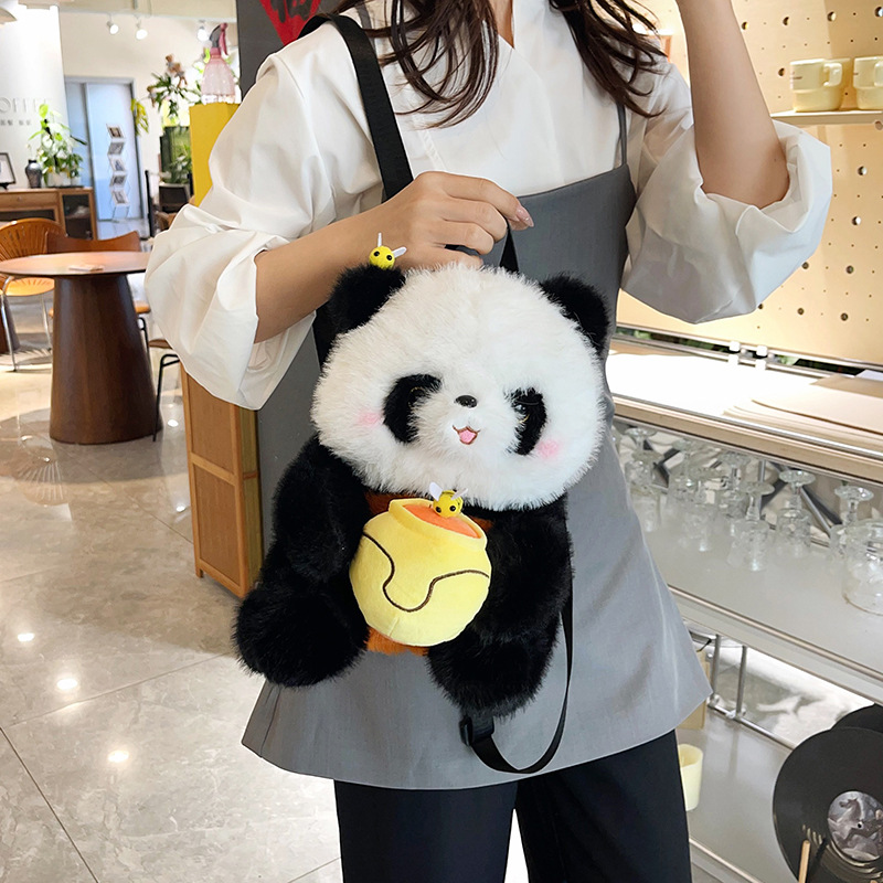 Cartoonson-style honey jar panda backpack, cute and soft, realistic panda plush toy children's backpack details Picture