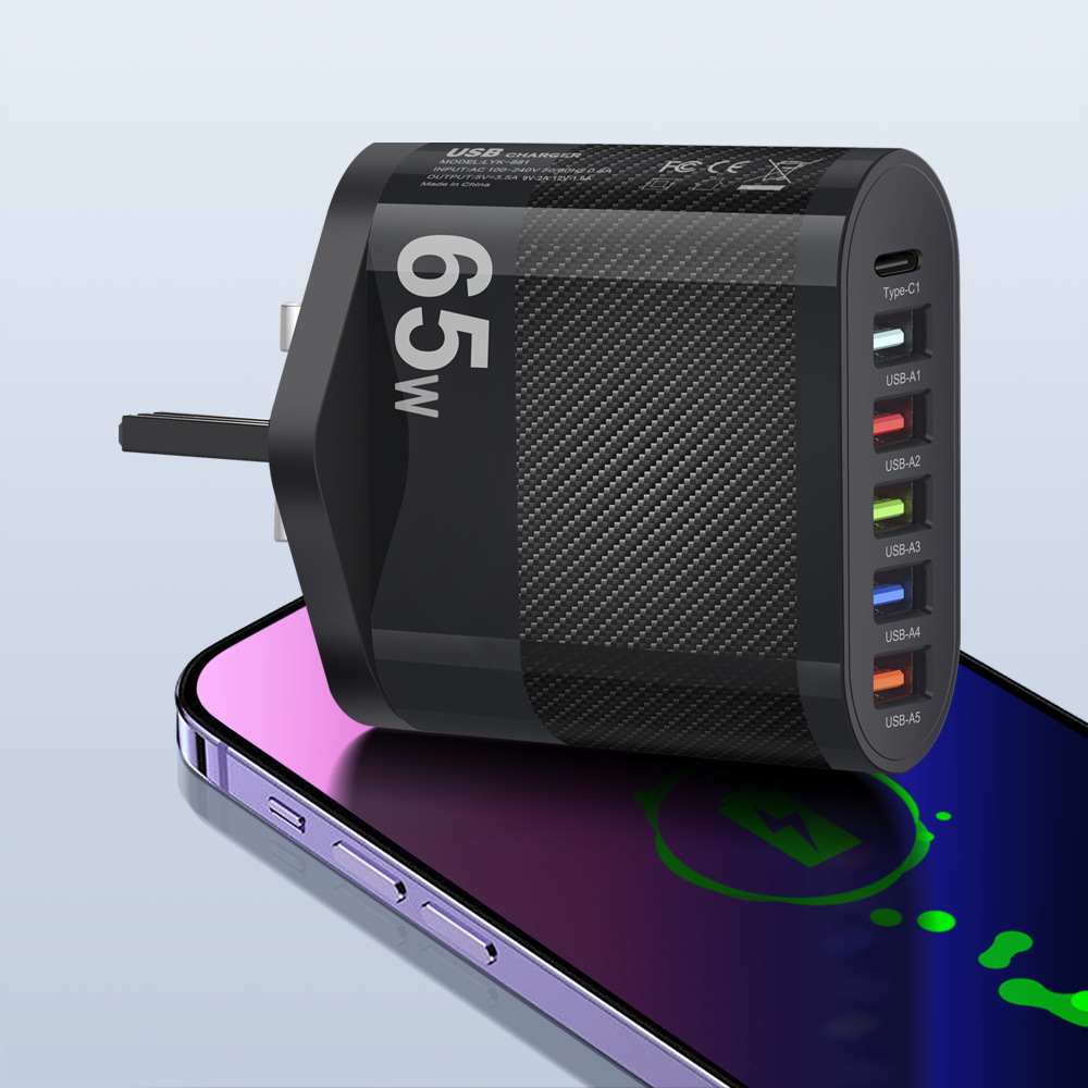 Cross-border wholesale of 65W 5USB+Type-c mobile phone charger multi-interface charging head with plugs from Europe, America and the UK Application Scenario