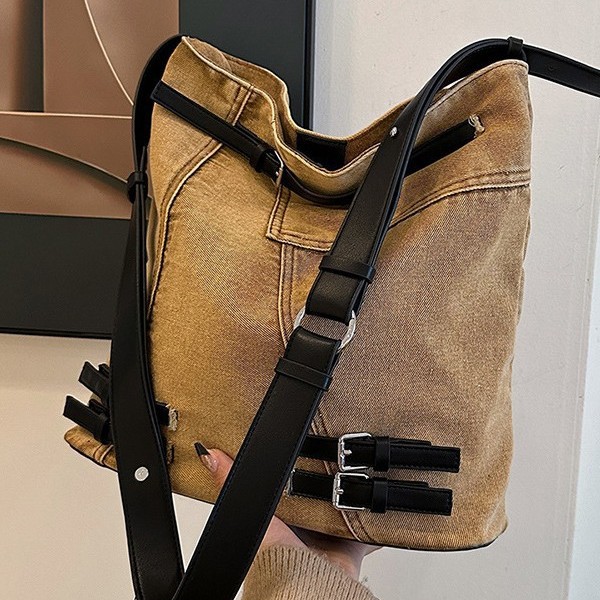 Cross-border large-capacity denim bucket bag for women, new retro commuter single-shoulder crossbody bag, casual hand-carry large bag Specification drawing