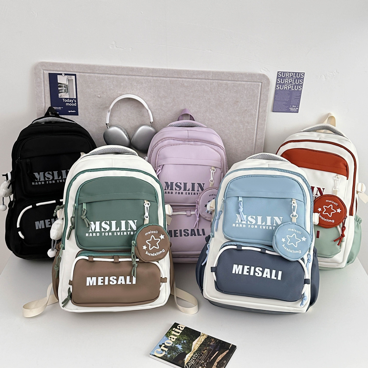 Korean retro color-blocking schoolbag, high-capacity backpack for girls, high school and middle school students, versatile travel backpack for junior high school students full figure