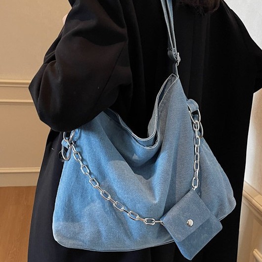 Washed denim, fresh and simple single-shoulder crossbody bag with cute little wallet, high-end autumn and winter crossbody bag design sense full figure