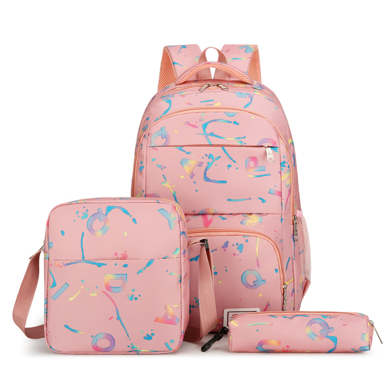 Cross-border bestseller three-piece set: Large-capacity backpack, versatile letter print casual backpack, junior high school student schoolbag for girls full figure