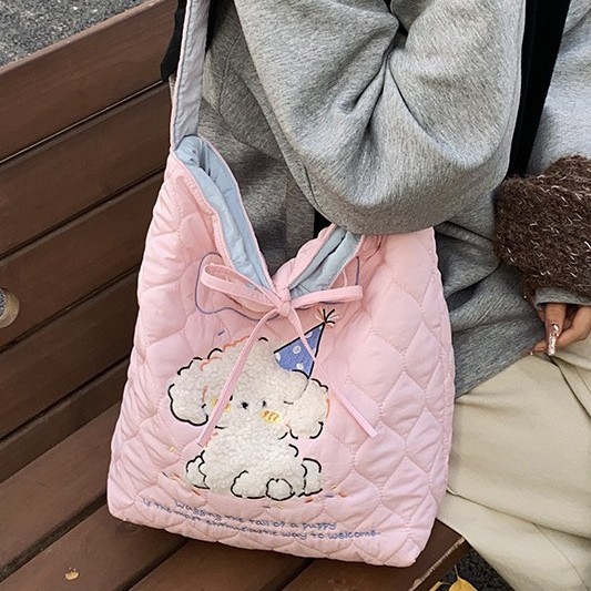 Cute cartoon embroidered pattern single-shoulder bag 2024 autumn/winter Korean-style large-capacity tote bag student class bag Specification drawing