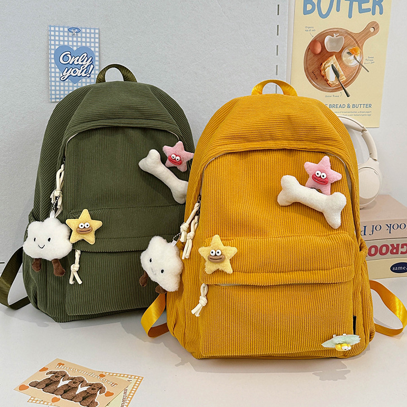 Fashionable autumn and winter new corduroy cute bone backpack 2024, versatile and casual student backpack, school style bag full figure