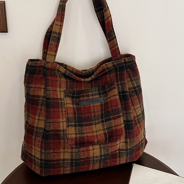 Autumn and winter woolen checkered large bag for women, 2024 new Korean-style tote bag, school-style casual large capacity single-shoulder bag Specification drawing