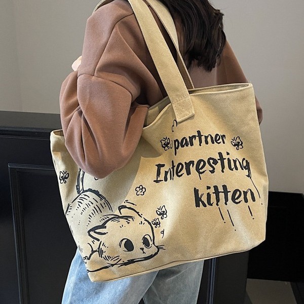 New Korean version of ins women's large-capacity canvas bag, casual cartoon shopping bag, commuting tote bag Specification drawing