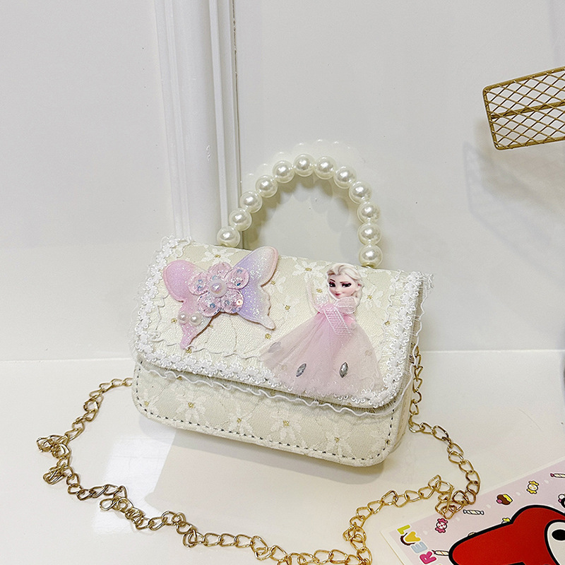 Children's little Chanel princess single-shoulder bag, fashionable cartoon Elsa girl gradient bow bead hand-held crossbody bag details Picture
