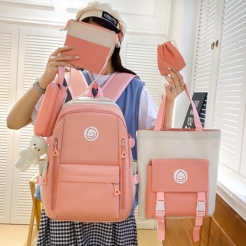 A new high-end cross-border backpack for women, a versatile junior high school student schoolbag set of five pieces, and a casual computer backpack full figure