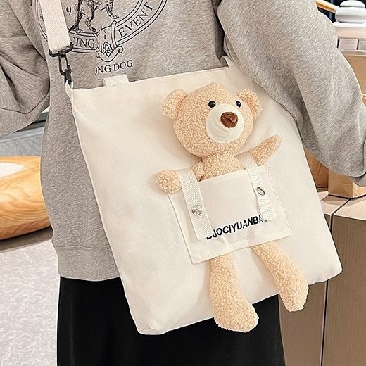 2024 New single-shoulder bag, teddy bear plush doll, fresh and sweet student canvas tutorial bag, versatile handbag details Picture