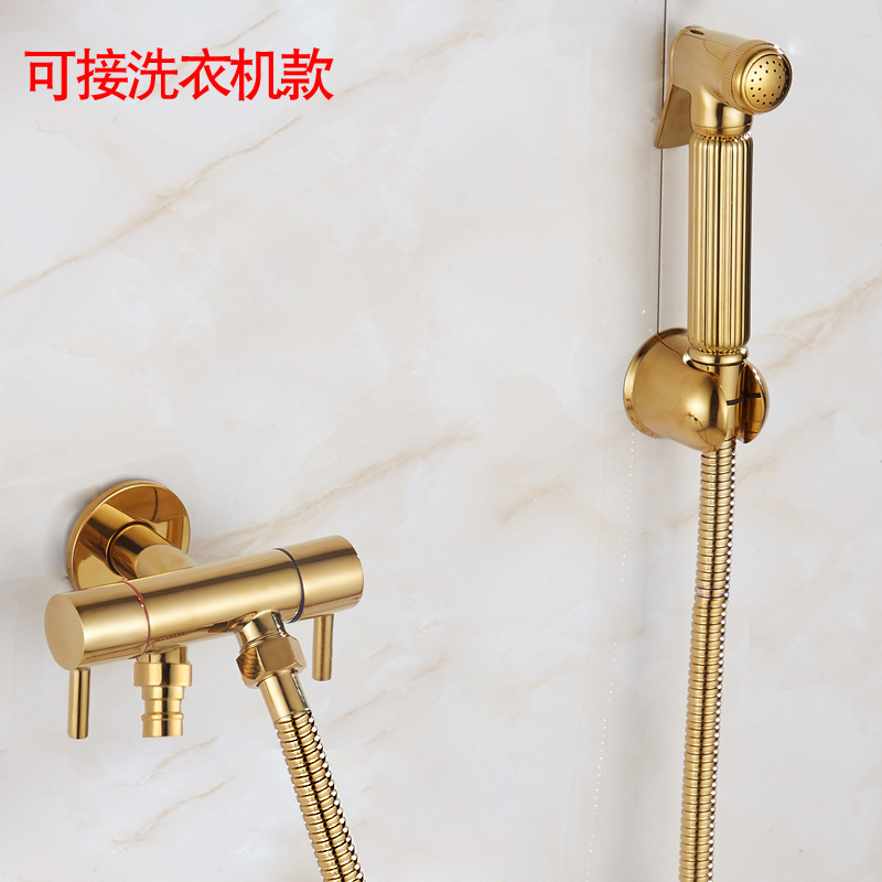 All-copper pressurized golden toilet spray gun, one inlet and two outlets Angle valve, body wash, feminine wash head, shower head, faucet details Picture