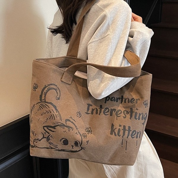 New Korean version of ins women's large-capacity canvas bag, casual cartoon shopping bag, commuting tote bag Application Scenario