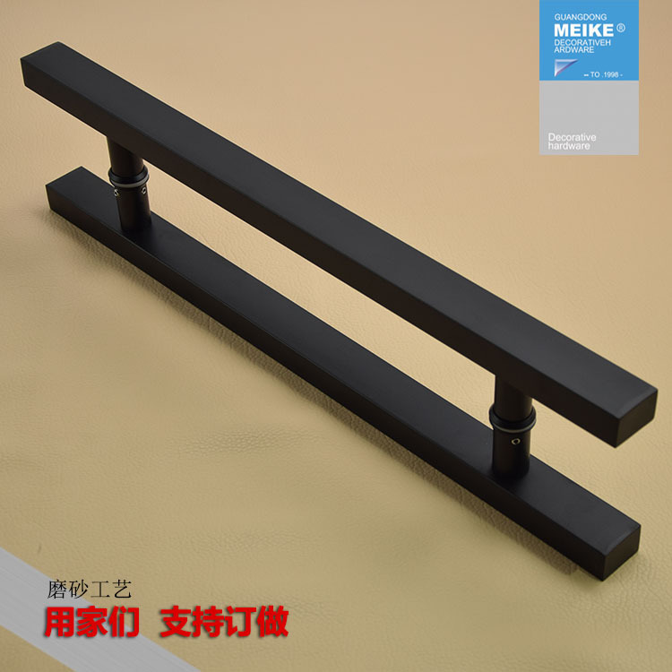 Glass door handle logo, glass door handle, stainless steel square tube, black baked paint, large wooden door handrail, sliding handle details Picture