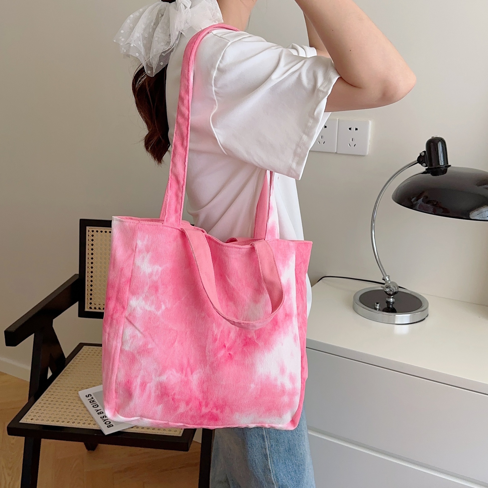 38172 Trendy tie-dyed corduroy solid color double-sided single-shoulder canvas bag for students and schoolbags, large-capacity dual-purpose for girls Specification drawing