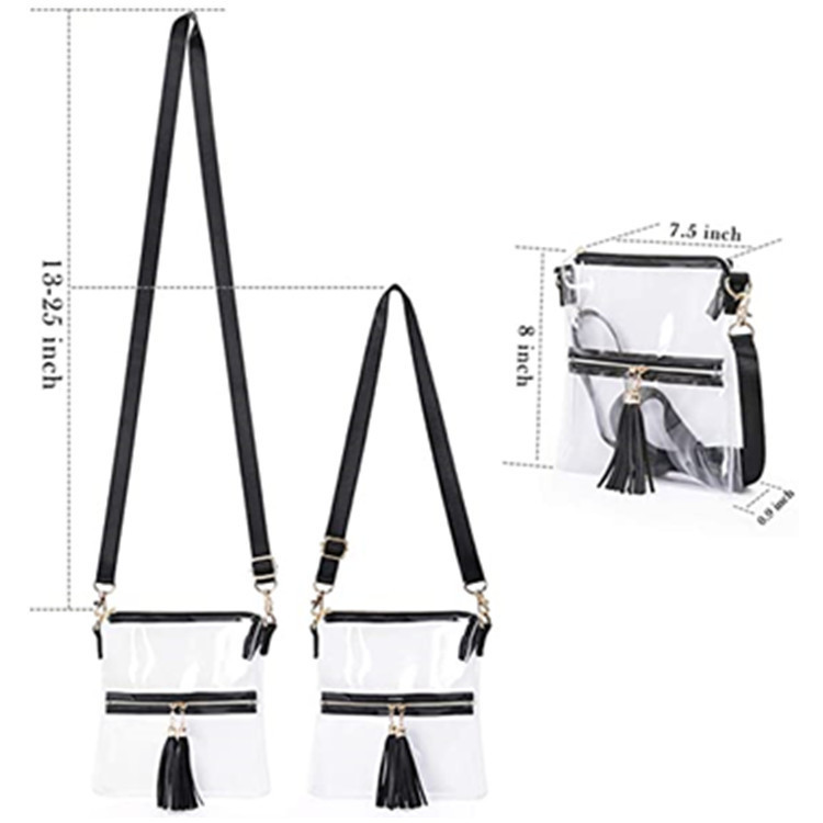 Cross-border PVC fringed small transparent crossbody bag with stadium approved front zipper pocket and adjustable shoulder strap in stock Specification drawing