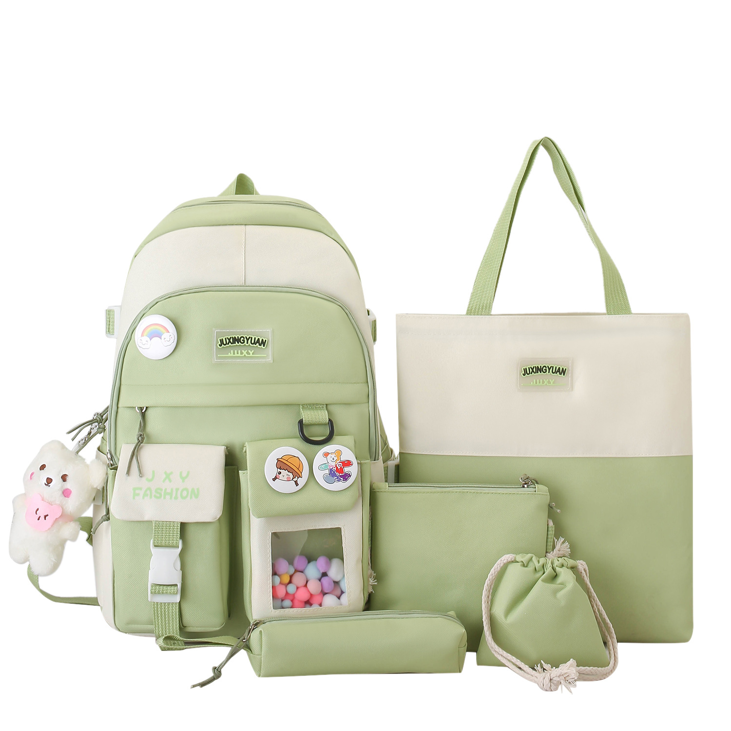 Five-piece set of Korean-style color-blocked and fresh school schoolbag, large-capacity nylon tutorial bag, backpack for primary and secondary school students, girls Item Picture