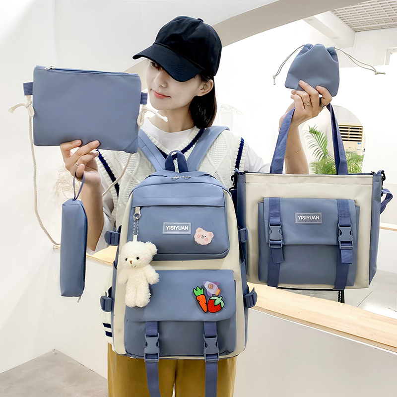 New style schoolbag backpack for girls, Korean version canvas large capacity five-piece set, middle school backpack for girls full figure